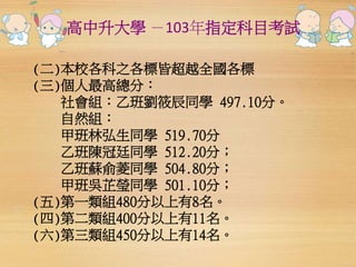 高中升大學－103年指定科目考試 
(二)本校各科之各標皆超越全國各標 
(三)個人最高總分： 
社會組：乙班劉筱辰同學497.10分。 
自然組： 
甲班林弘生同學519.70分 
乙班陳冠廷同學512.20分； 
乙班蘇俞菱同學504.80分； 
甲班吳芷瑩同學501.10分； 
(五)第一類組480分以上有8名。 
(四)第二類組400分以上有11名。 
(六)第三類組450分以上有14名。 
 