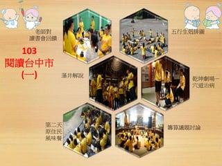 103 
閱讀台中市 
(一) 
五行生剋排圖 
乾坤劇場－ 
穴道治病 
第二天 
原住民 
風味餐 
籌算議題討論 
藻井解說 
老師對 
讀書會回饋 
 