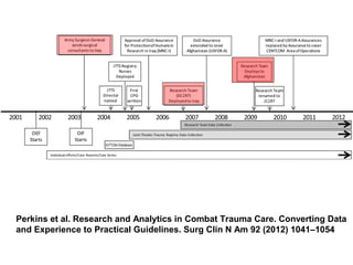 Perkins et al. Research and Analytics in Combat Trauma Care. Converting Data
and Experience to Practical Guidelines. Surg Clin N Am 92 (2012) 1041–1054
 