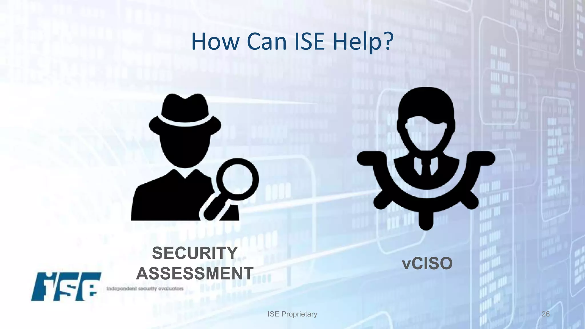 How Can ISE Help?
ISE Proprietary 26
SECURITY
ASSESSMENT
vCISO
 