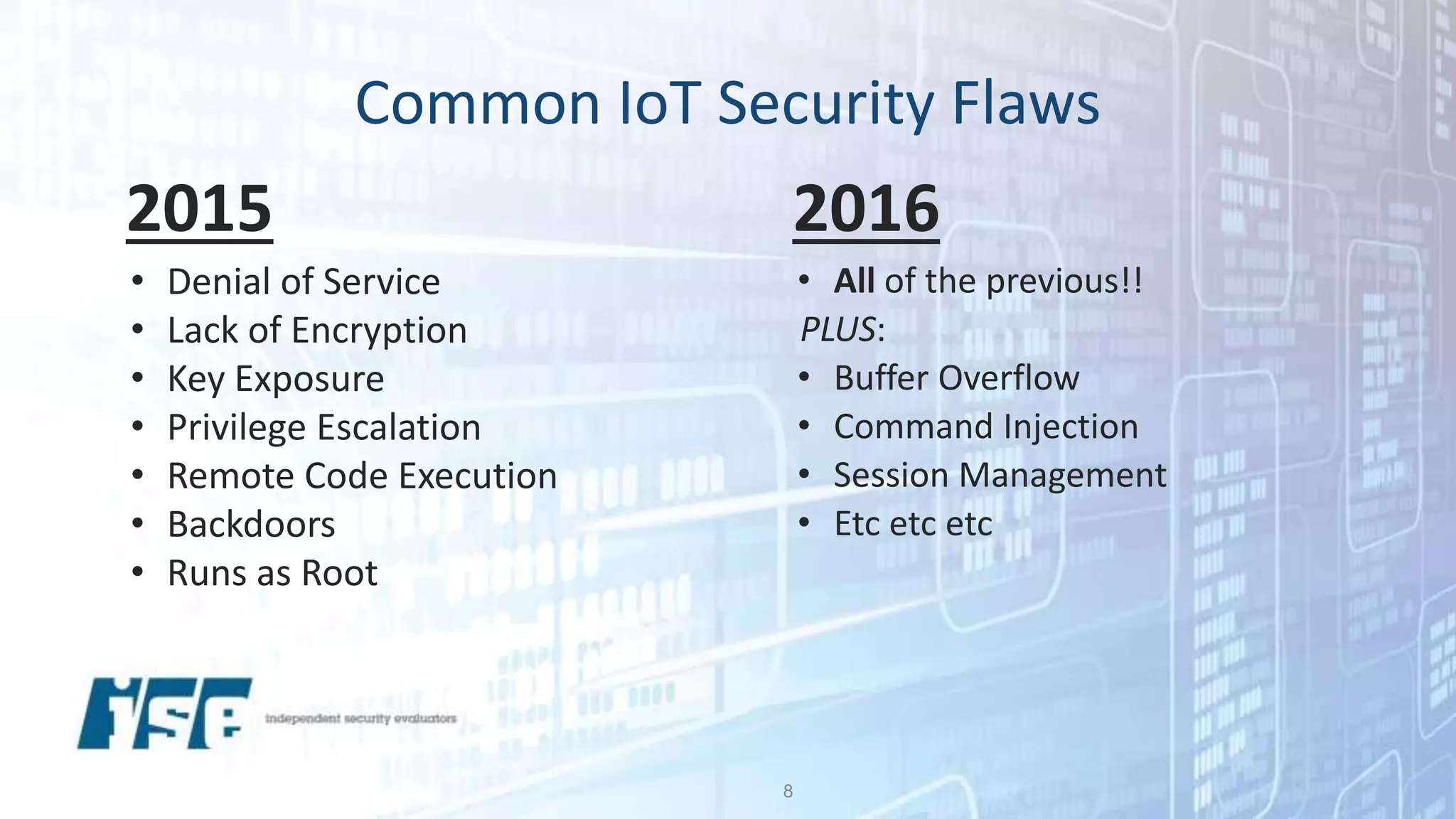 Common IoT Security Flaws
8
2015
• Denial of Service
• Lack of Encryption
• Key Exposure
• Privilege Escalation
• Remote Code Execution
• Backdoors
• Runs as Root
2016
• All of the previous!!
PLUS:
• Buffer Overflow
• Command Injection
• Session Management
• Etc etc etc
 