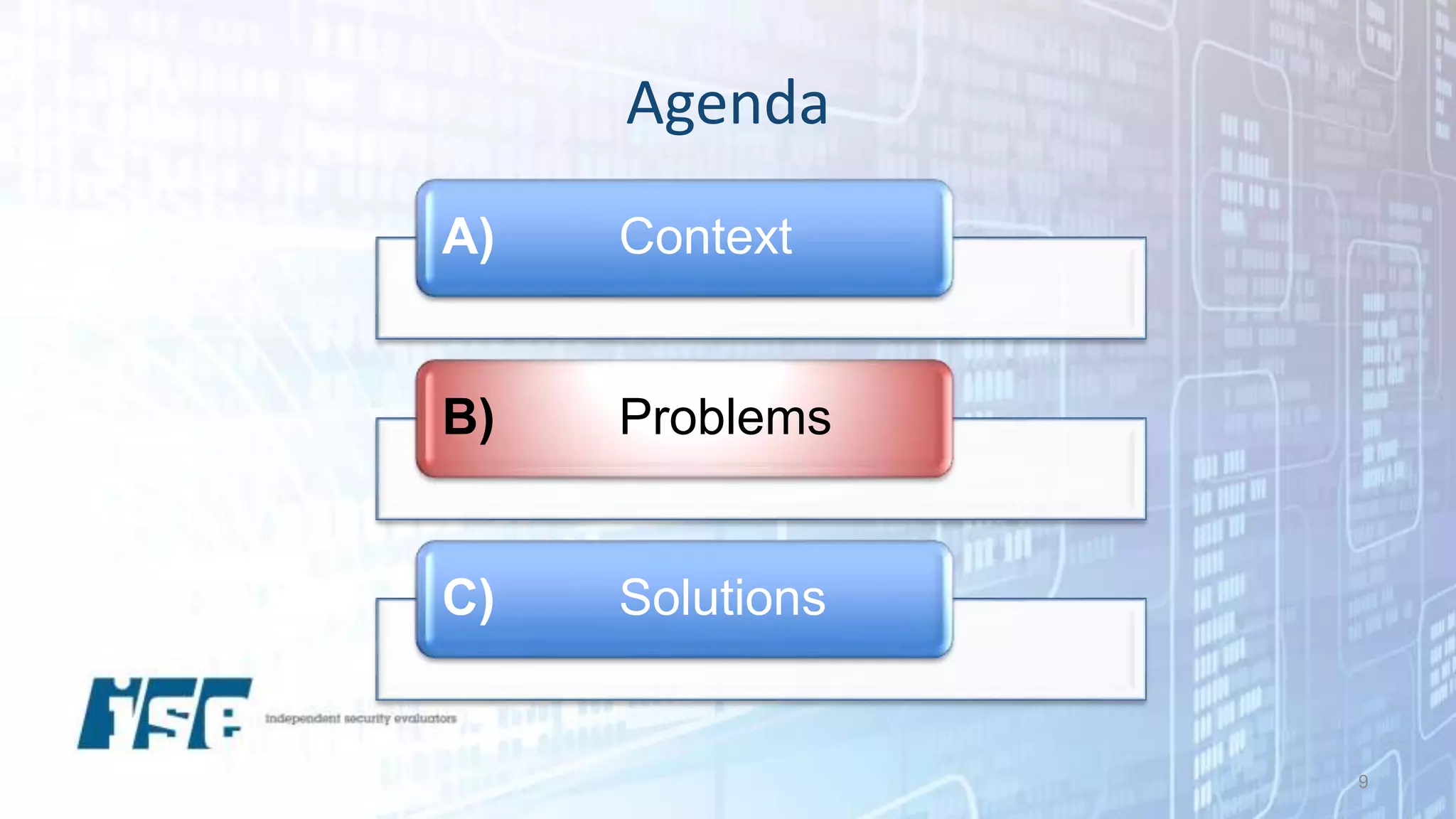 Agenda
9
A) Context
B) Problems
C) Solutions
 