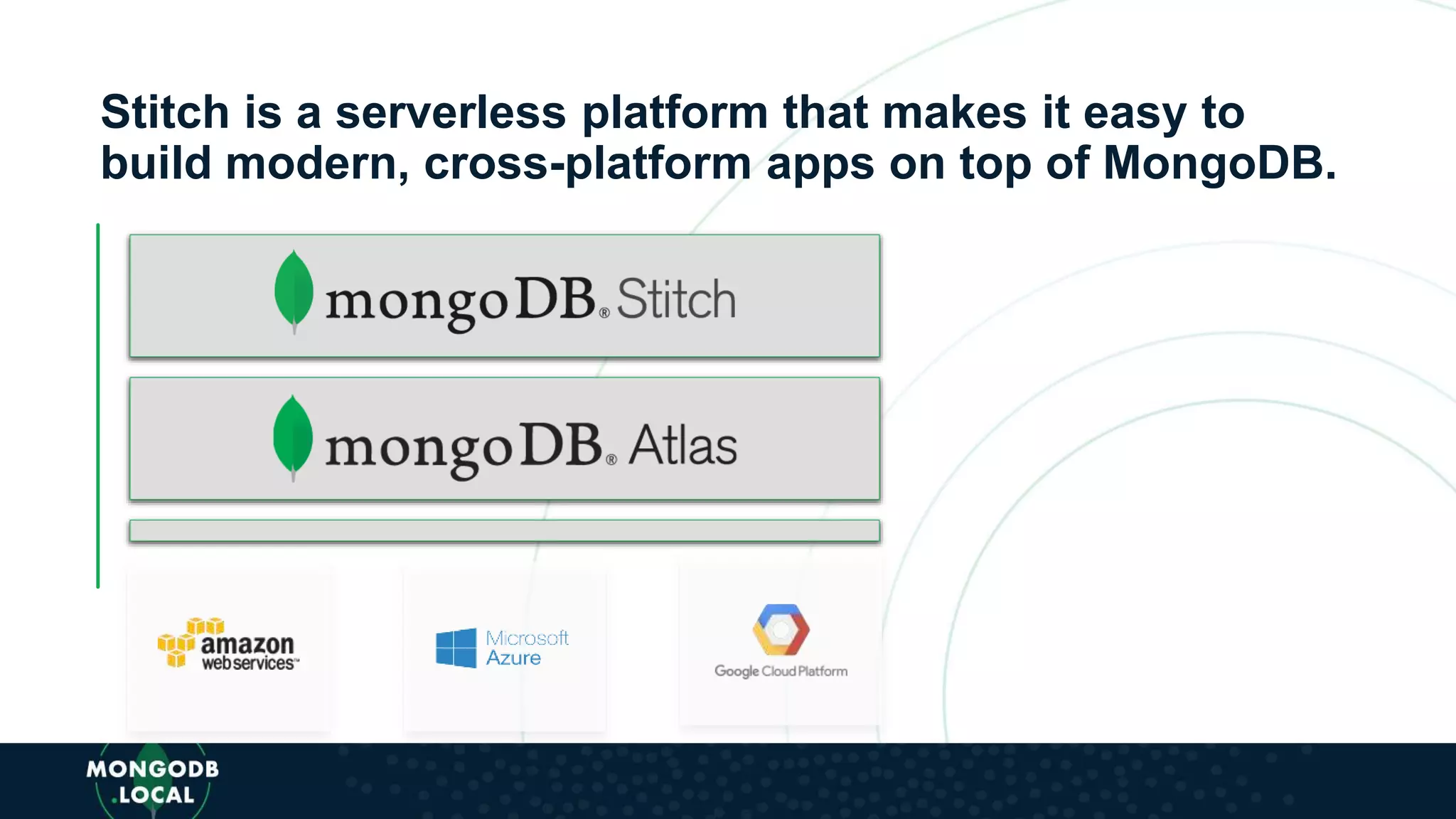 Stitch is a serverless platform that makes it easy to
build modern, cross-platform apps on top of MongoDB.
 