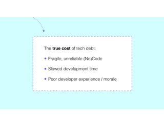 The true cost of tech debt:
• Fragile, unreliable (No)Code
• Slowed development time
• Poor developer experience / morale
 