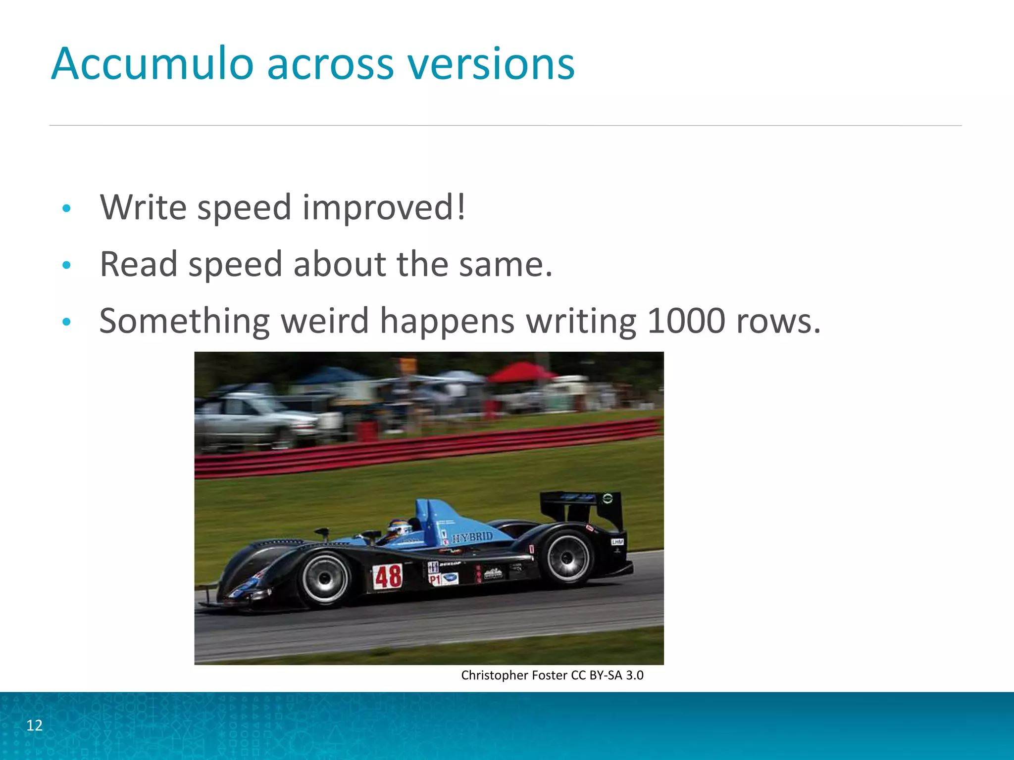 Accumulo across versions
• Write speed improved!
• Read speed about the same.
• Something weird happens writing 1000 rows.
12
Christopher Foster CC BY-SA 3.0
 