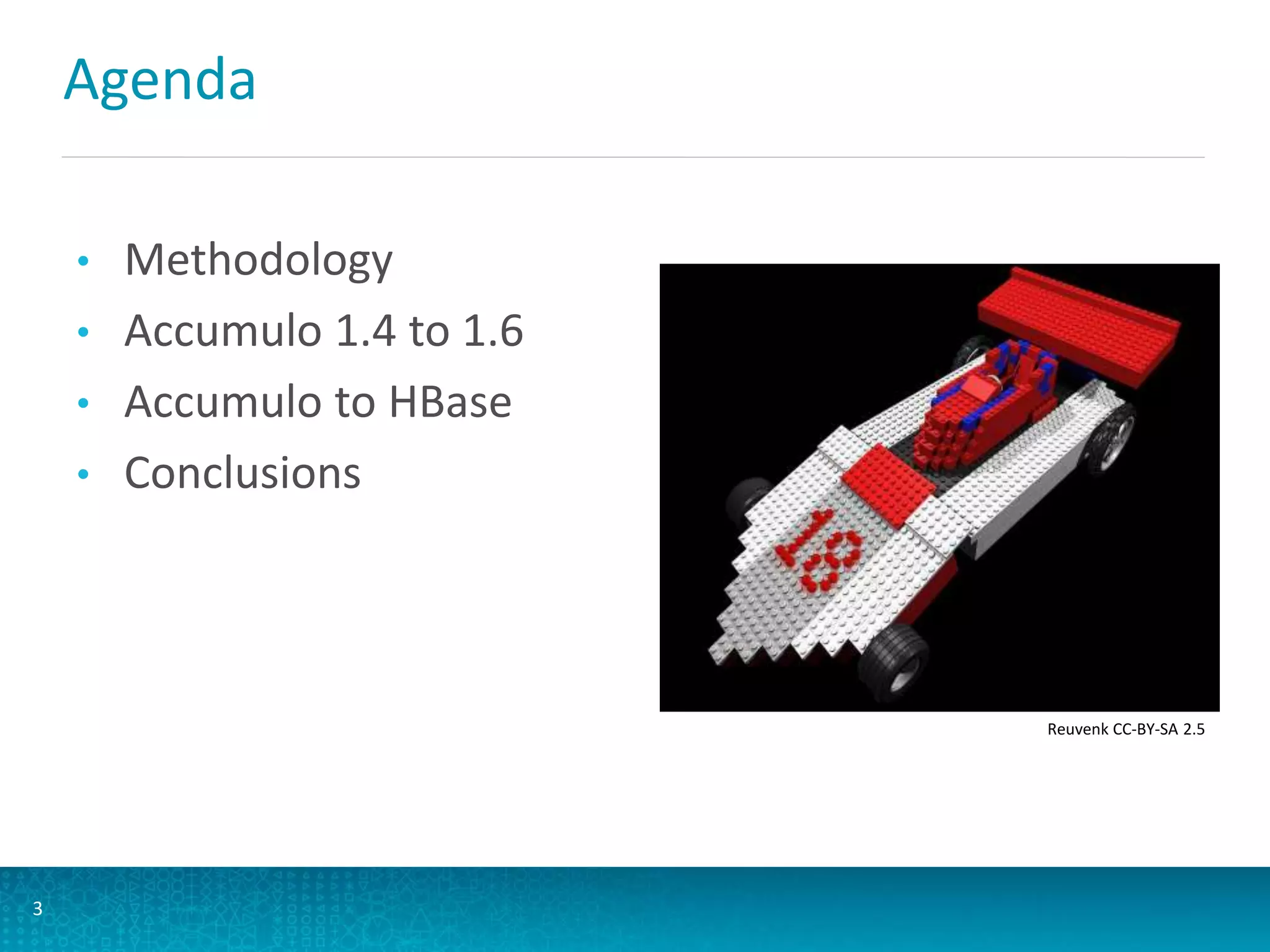 Agenda
• Methodology
• Accumulo 1.4 to 1.6
• Accumulo to HBase
• Conclusions
3
Reuvenk CC-BY-SA 2.5
 