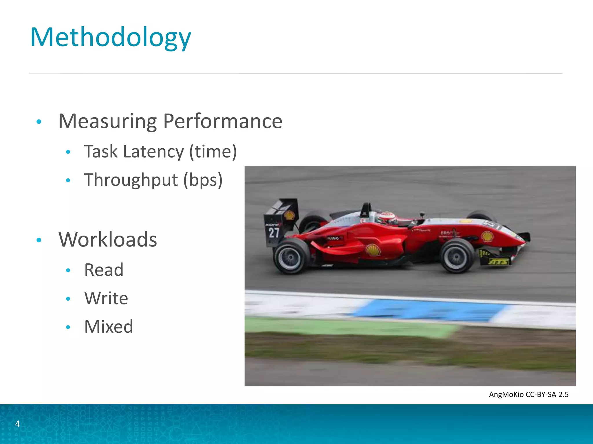 Methodology
• Measuring Performance
• Task Latency (time)
• Throughput (bps)
• Workloads
• Read
• Write
• Mixed
4
AngMoKio CC-BY-SA 2.5
 