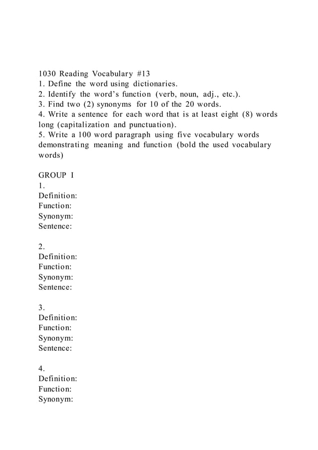 1030 Reading Vocabulary 131 Define The Word Using Dictionari