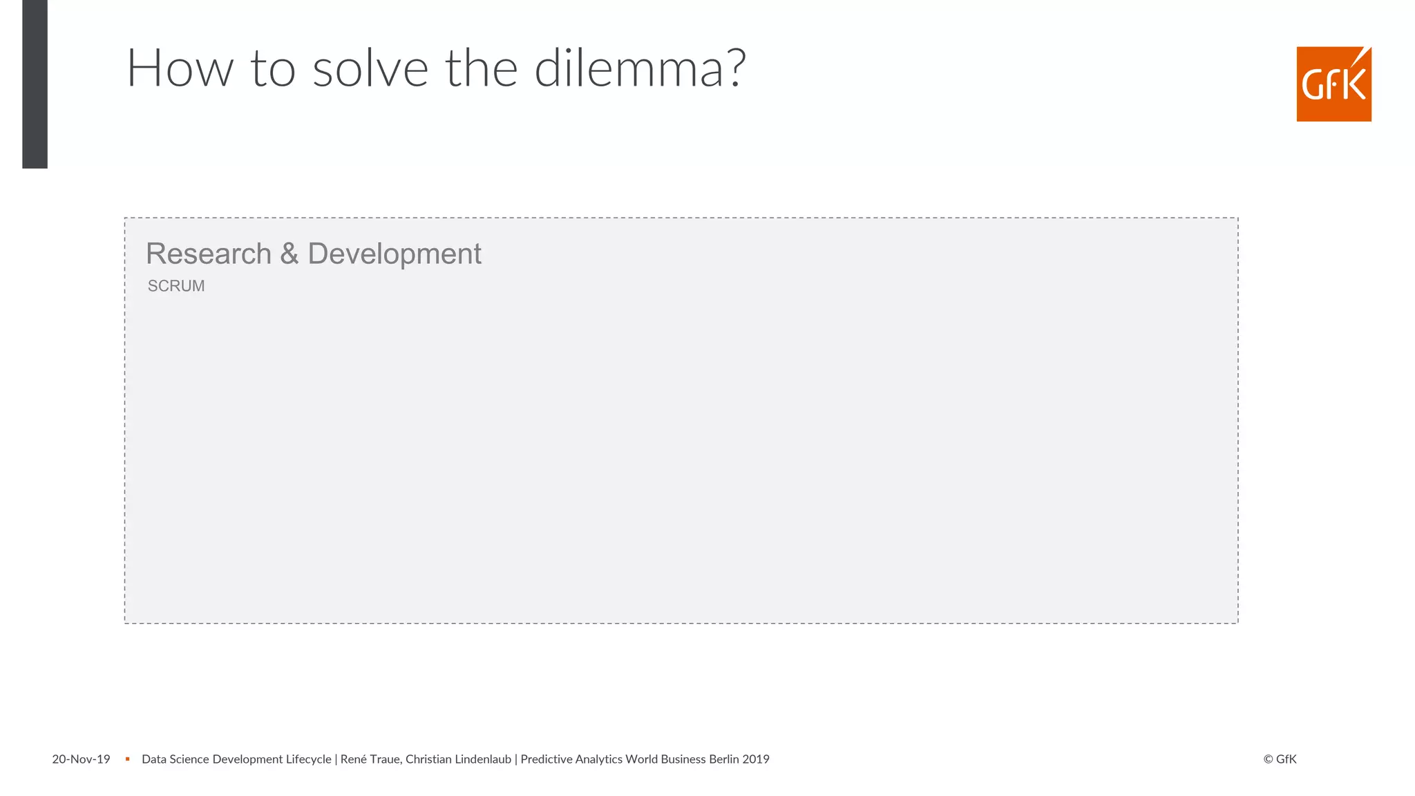 © GfK20-Nov-19 ▪ Data Science Development Lifecycle | René Traue, Christian Lindenlaub | Predictive Analytics World Business Berlin 2019
How to solve the dilemma?
Research & Development
SCRUM
 
