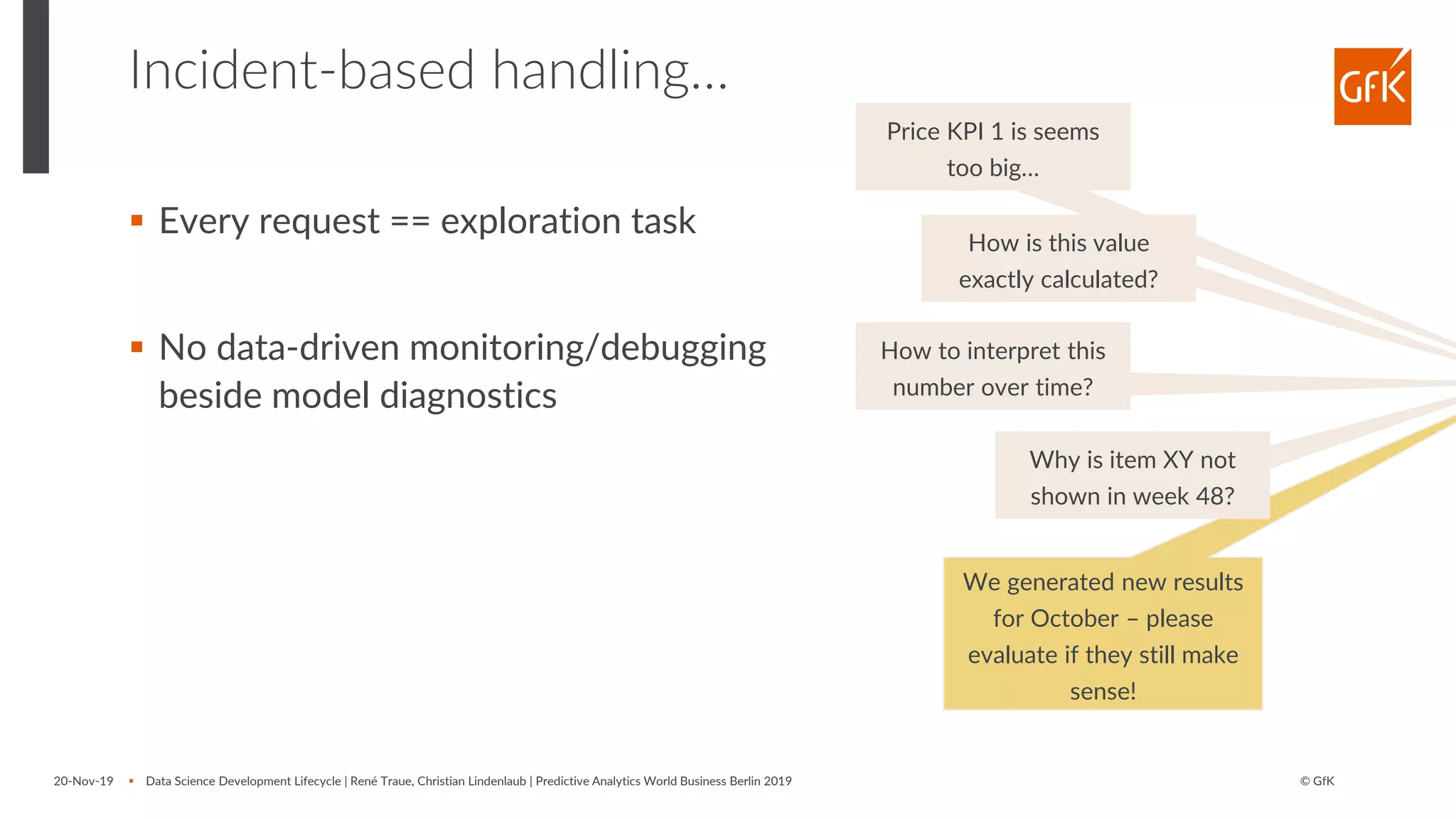 © GfK20-Nov-19 ▪ Data Science Development Lifecycle | René Traue, Christian Lindenlaub | Predictive Analytics World Business Berlin 2019
Incident-based handling…
▪ Every request == exploration task
▪ No data-driven monitoring/debugging
beside model diagnostics
We generated new results
for October – please
evaluate if they still make
sense!
Price KPI 1 is seems
too big…
Why is item XY not
shown in week 48?
How to interpret this
number over time?
How is this value
exactly calculated?
 