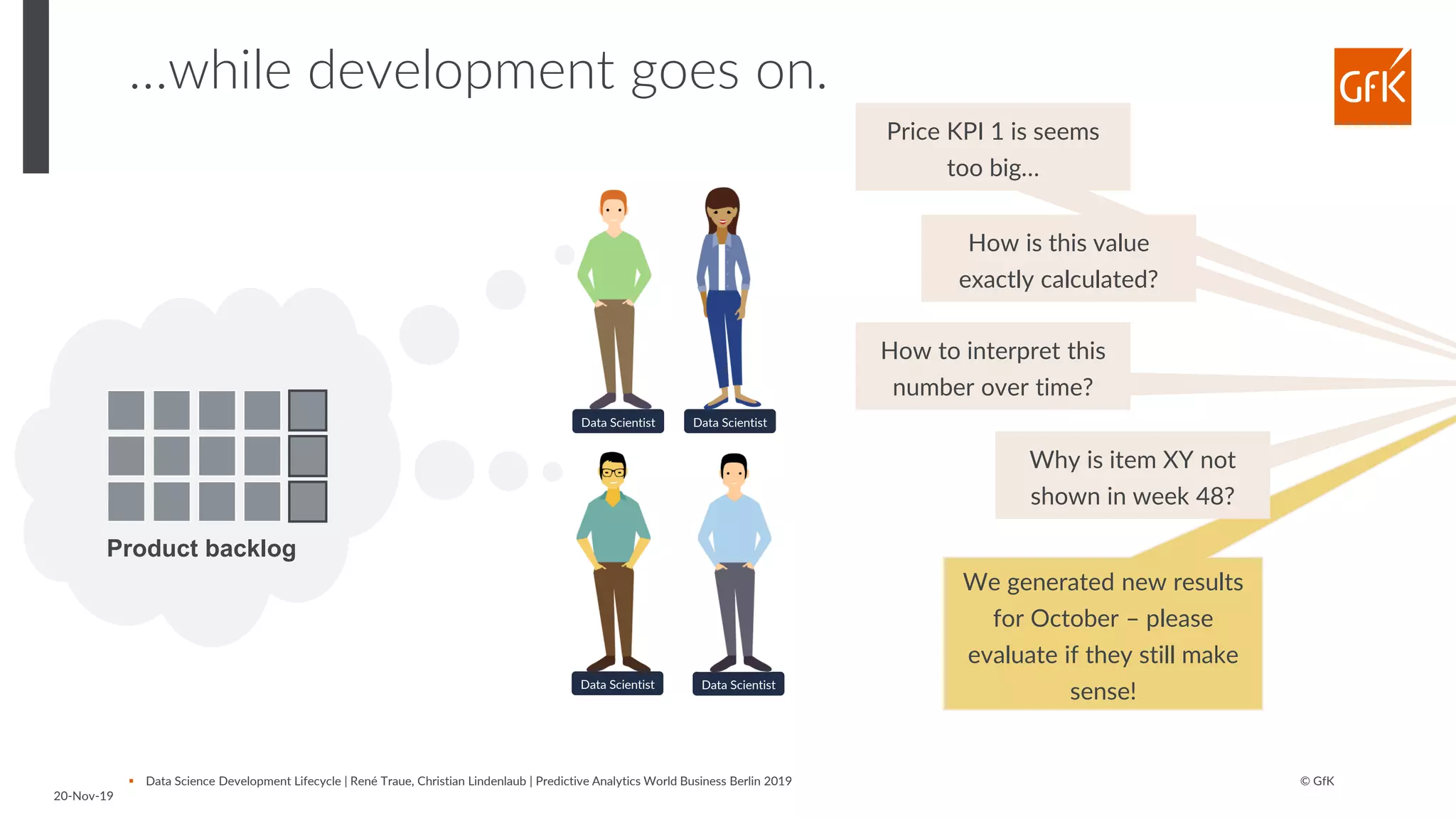 © GfK
20-Nov-19
▪ Data Science Development Lifecycle | René Traue, Christian Lindenlaub | Predictive Analytics World Business Berlin 2019
…while development goes on.
Data Scientist
Data Scientist
Data Scientist
Data Scientist
We generated new results
for October – please
evaluate if they still make
sense!
Price KPI 1 is seems
too big…
Why is item XY not
shown in week 48?
How to interpret this
number over time?
How is this value
exactly calculated?
Product backlog
 