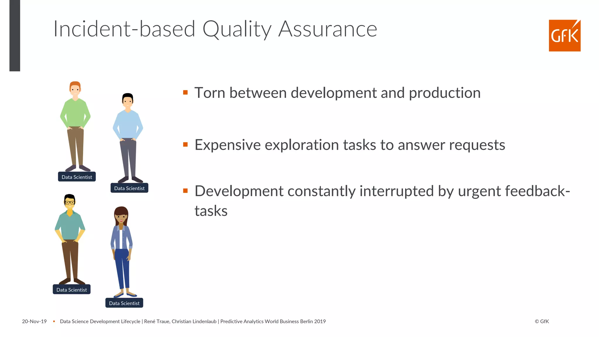 © GfK20-Nov-19 ▪ Data Science Development Lifecycle | René Traue, Christian Lindenlaub | Predictive Analytics World Business Berlin 2019
Incident-based Quality Assurance
▪ Torn between development and production
▪ Expensive exploration tasks to answer requests
▪ Development constantly interrupted by urgent feedback-
tasks
Data Scientist
Data Scientist
Data Scientist
Data Scientist
 