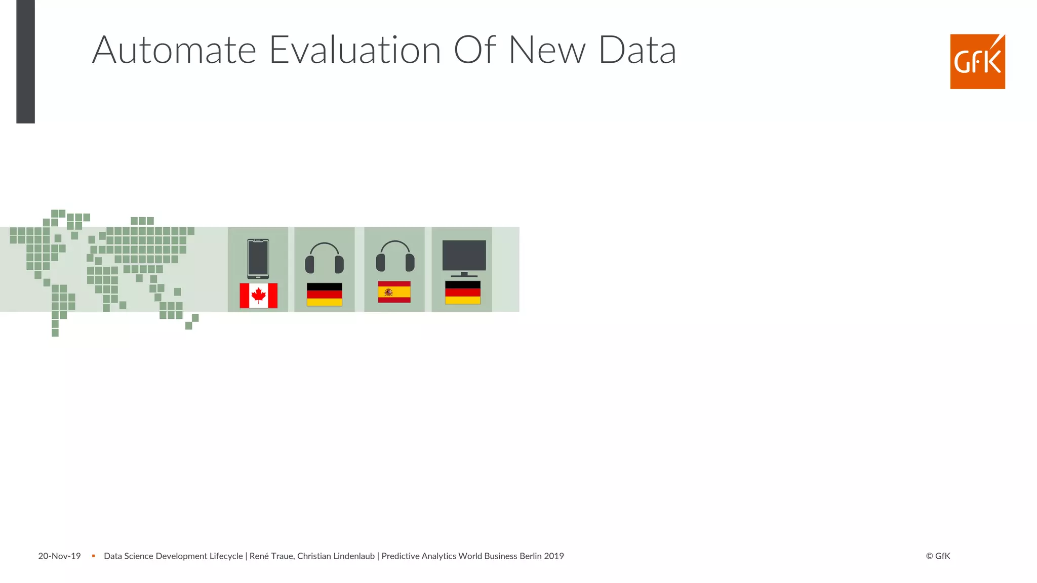 © GfK
Automate Evaluation Of New Data
20-Nov-19 ▪ Data Science Development Lifecycle | René Traue, Christian Lindenlaub | Predictive Analytics World Business Berlin 2019
 
