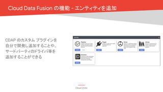 Cloud OnAir
Cloud Data Fusion の機能 - エンティティを追加
CDAP のカスタム プラグインを
自分で開発し追加することや、
サードパーティのドライバ等を
追加することができる
 