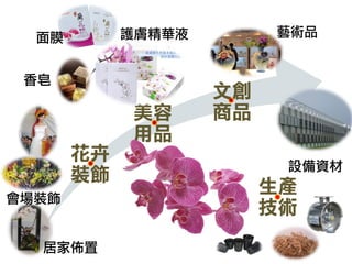 花卉 裝飾 
美容 用品 
文創 商品 
面膜 
護膚精華液 
香皂 
會場裝飾 
居家佈置 
藝術品 
設備資材 
生產 技術  
