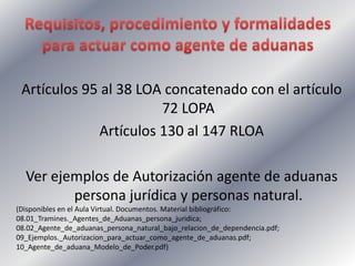Artículos 95 al 38 LOA concatenado con el artículo
72 LOPA
Artículos 130 al 147 RLOA
Ver ejemplos de Autorización agente de aduanas
persona jurídica y personas natural.
(Disponibles en el Aula Virtual. Documentos. Material bibliográfico:
08.01_Tramines._Agentes_de_Aduanas_persona_juridica;
08.02_Agente_de_aduanas_persona_natural_bajo_relacion_de_dependencia.pdf;
09_Ejemplos._Autorizacion_para_actuar_como_agente_de_aduanas.pdf;
10_Agente_de_aduana_Modelo_de_Poder.pdf)
 
