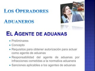  Preliminares
 Concepto
 Requisitos para obtener autorización para actuar
como agente de aduanas
 Responsabilidad del agente de aduanas por
infracciones cometidas a la normativa aduanera
 Sanciones aplicables a los agentes de aduanas
 