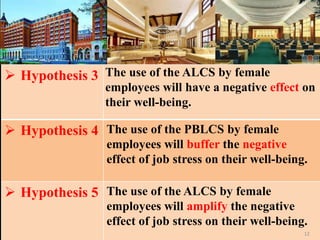 ? Hypothesis 3
? Hypothesis 4 The use of the PBLCS by female
employees will buffer the negative
effect of job stress on their well-being.
? Hypothesis 5 The use of the ALCS by female
employees will amplify the negative
effect of job stress on their well-being.
The use of the ALCS by female
employees will have a negative effect on
their well-being.
12
 
