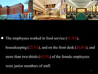 ? The employees worked in food service (51.3%),
housekeeping (22.1%), and on the front desk (26.6%), and
more than two-thirds (65.3%) of the female employees
were junior members of staff.
17
 