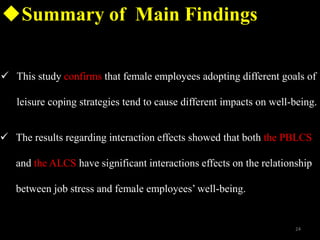 ? This study confirms that female employees adopting different goals of
leisure coping strategies tend to cause different impacts on well-being.
? The results regarding interaction effects showed that both the PBLCS
and the ALCS have significant interactions effects on the relationship
between job stress and female employees well-being.
?Summary of Main Findings
24
 