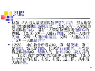 12 
恩賜 
 林前12:8這人蒙聖靈賜他智慧的言語．那人也蒙 
這位聖靈賜他知識的言語．12:9又有一人蒙這位 
聖靈賜他信心．還有一人蒙這位聖靈賜他醫病的 
恩賜．12:10又叫一人能行異能．又叫一人能作 
先知．又叫一人能辨別諸靈．又叫一人能說方言 
．又叫一人能繙方言 
 12:28　神在教會所設立的、第一是使徒．第二 
是先知．第三是教師．其次是行異能的．再次是 
得恩賜醫病的．幫助人的．治理事的．說方言的 
． 12:31你們要切切的求那更大的恩賜、13:13 
如今常存的有信、有望、有愛、這三樣、其中最 
大的是愛。 
 