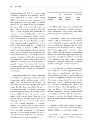 18 Asthma
which correlates well with FEV1, can be meas-
ured using a hand‐held peak flow meter and is a
useful measure in the clinic or home setting.
PEFR is determined for each patient (personal
best) or by using charts adjusted for age, height,
gender, and race. PEFR results are categorized
into green (80–100% of normal or personal
best), yellow (50–80%), and red (less than
50%). Usually, the green zone means that the
asthma is well controlled, yellow means that
adjustments to medications and/or environ-
ment are needed, and red is a medical alert that
needs immediate attention. Findings consistent
with asthma include a variability of >20% in
PEFR, a reduction in FEV1 and FEV1/FVC ratio
on spirometry, an increase in FEV1 of more
than 15% from the baseline following adminis-
tration of 2–4 puffs of a bronchodilator, and
heightened sensitivity to bronchoprovocation.
Asthma complicates 1–4% of all pregnancies.
Pregnancy has a variable effect on asthma (25%
improve, 25% worsen, 50% are unchanged). In
general, women with mild, well‐controlled
asthma tolerate pregnancy well. Women with
severe asthma are at risk of symptomatic
deterioration.
2. Respiratory adaptations during pregnancy
are designed to optimize maternal and fetal
oxygenation, and to facilitate transfer of CO2
waste from the fetus to the mother. The
mechanics of respiration change with preg-
nancy. The ribs flare outward and the level of
the diaphragm rises 4cm. During pregnancy,
tidal volume increases by 200mL (40%) result-
ing in a 100–200mL (5%) increase in vital
capacity and a 200mL (20%) decrease in the
residual volume, thereby leaving less air in
the lungs at the end of expiration. The respira-
tory rate remains unchanged or increases
slightly. The end result is an increase in minute
ventilation and a drop in arterial PCO2
. Arterial
PO2
is essentially unchanged. A compensatory
decrease in bicarbonate enables the pH to
remain unchanged. Pregnancy thus represents a
state of compensated respiratory alkalosis.
pH Po2
(mmHg) Pco2
(mmHg)
Non‐pregnant 7.40 93–100 35–40
Pregnant 7.40 100–105 28–30
3. The differential diagnosis of asthma includes
pneumonia, pulmonary embolism, pneumo-
thorax, congestive cardiac failure, pericarditis,
pulmonary edema, and rib fracture.
4. Characteristic triggers for asthma include
exercise, cold air, and exposure to allergens.
Exercise‐triggered symptoms typically develop
10–15 minutes after exertion and are more
intense when the inhaled air is cold. Allergens
that typically trigger asthma symptoms include
dust, molds, furred animals, cockroaches,
­
pollens, and other irritant‐type exposures (ciga-
rette smoke, strong fumes, airborne chemicals).
Viral infections can also trigger asthma
­
symptoms. Influenza vaccination is recom-
mended (see Chapter 2 on Immunization).
5. The principal goals of treatment are to mini-
mize symptoms, normalize pulmonary func-
tion, prevent exacerbations, and improve
health‐related quality of life. Initial treatment
for relief of symptoms should be an inhaled
short‐acting beta‐agonist used on an as‐needed
basis rather than at regularly scheduled inter-
vals. The most commonly used agent is an
albuterol inhaler at a dose of 2–4 puffs as needed
every 4–6 hours. If this is not adequate to
­
control symptoms, inhaled glucocorticoids
(such as beclomethasone dipropionate) should
be given by metered dose inhaler (MDI) and
should be taken at regular intervals two to three
times daily.
6. Pregnancy‐related complications of severe
asthma include intrauterine growth restriction
(IUGR), stillbirth, and maternal mortality.
7. A number of alternative therapies are
­
available on an outpatient basis. These include a
 