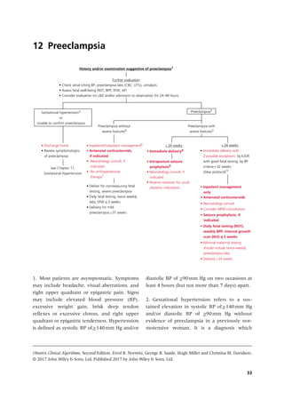 Obstetric Clinical Algorithms, Second Edition. Errol R. Norwitz, George R. Saade, Hugh Miller and Christina M. Davidson.
© 2017 John Wiley & Sons, Ltd. Published 2017 by John Wiley & Sons, Ltd.
33
12 Preeclampsia
1. Most patients are asymptomatic. Symptoms
may include headache, visual aberrations, and
right upper quadrant or epigastric pain. Signs
may include elevated blood pressure (BP),
excessive weight gain, brisk deep tendon
reflexes or excessive clonus, and right upper
quadrant or epigastric tenderness. Hypertension
is defined as systolic BP of>140mm Hg and/or
diastolic BP of >90mm Hg on two occasions at
least 4 hours (but not more than 7 days) apart.
2. Gestational hypertension refers to a sus-
tained elevation in systolic BP of>140mm Hg
and/or diastolic BP of >90mm Hg without
­
evidence of preeclampsia in a previously nor-
motensive woman. It is a diagnosis which
History and/or examination suggestive of preeclampsia1
Further evaluation
• Check serial sitting BP, preeclampsia labs (CBC, LFTs), urinalysis
• Assess fetal well-being (NST, BPP, EFW, AF)
• Consider evaluation on L&D and/or admission to observation for 24–48 hours
Preeclampsia3
Gestational hypertension2
or
Unable to confirm preeclampsia
Preeclampsia without
severe features4
Preeclampsia with
severe features5
• Discharge home
• Review symptoms/signs
of preeclampsia
See Chapter 11,
Gestational Hypertension
• Inpatient/Outpatient management6
• Antenatal corticosteroids,
if indicated
• Neonatology consult, if
indicated
• No antihypertensive
therapy7
≥34 weeks
• Immediate delivery8
<34 weeks
• Immediate delivery with
2 possible exceptions: by IUGR
with good fetal testing; by BP
criteria<32 weeks
(Sibai protocol)
10
• Deliver for nonreassuring fetal
testing, severe preeclampsia
• Daily fetal testing, twice weekly
labs, EFW q 3 weeks
• Delivery for mild
preeclampsia≥37 weeks
• Intrapartum seizure
prophylaxis9
• Neonatology consult, if
indicated
• Reserve cesarean for usual
obstetric indications • Inpatient management
only
• Antenatal corticosteroids
• Neonatology consult
• Consider MFM consultation
• Seizure prophylaxis, if
indicated
• Daily fetal testing (NST),
weekly BPP, interval growth
scan (IGS) q 3 weeks
• Minimal maternal testing
should include twice-weekly
preeclampsia labs
• Delivery ≥34 weeks
 