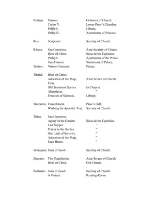 Pantoja. Various. Oratories of Church.
Carlos V. Lower Prior’s Chamber.
Philip II. Library.
Philip III. Apartments of Princess.
Reni. Scriptural. Sacristy of Church.
Ribera. San Geronimo. Ante-Sacristy of Church.
Birth of Christ. Salas de los Capitulos.
Philip II. Apartments of the Prince.
San Antonio. Workroom of Palace.
Teniers. Various Frescoes. Palace.
Tibaldi. Birth of Christ.
Adoration of the Magi. Altar Screen of Church.
Elias.
Old Testament Scenes. In Chapels.
Altarpieces. ”
Frescoes of Sciences. Library.
Tintoretto. Entombment. Prior’s Hall.
Washing the Apostles’ Feet. Sacristy of Church.
Titian. San Geronimo.
Agony in the Garden. Salas de los Capitulos.
Last Supper. ”
Prayer in the Garden. ”
Our Lady of Sorrows. ”
Adoration of the Magi. ”
Ecce Homo. ”
Velazquez. Sons of Jacob. Sacristy of Church.
Zuccaro. The Flagellation. Altar Screen of Church.
Birth of Christ. Old Church.
Zurbarán. Sons of Jacob. Sacristy of Church.
A Portrait. Reading-Room.
 