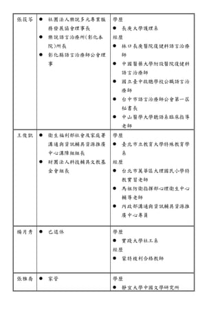 張筱苓  社團法人樂說多元專業服 
務發展協會理事長 
 樂說語言治療所(彰化本 
院)所長 
 彰化縣語言治療師公會理 
事 
學歷 
 長庚大學護理系 
經歷 
 林口長庚醫院復健科語言治療 
師 
 中國醫藥大學附設醫院復健科 
語言治療師 
 國立臺中啟聰學校公職語言治 
療師 
 台中市語言治療師公會第一屆 
秘書長 
 中山醫學大學聽語系臨床指導 
老師 
王俊凱  衛生福利部社會及家庭署 
溝通與資訊輔具資源推廣 
中心溝障組組長 
 財團法人科技輔具文教基 
金會組長 
學歷 
 臺北市立教育大學特殊教育學 
系 
經歷 
 台北市萬華區大理國民小學特 
教實習老師 
 馬祖防衛指揮部心理衛生中心 
輔導老師 
 內政部溝通與資訊輔具資源推 
廣中心專員 
楊月秀  已退休 學歷 
 實踐大學社工系 
經歷 
 蒙特梭利合格教師 
張雅喬  家管 學歷 
 靜宜大學中國文學研究所 
 