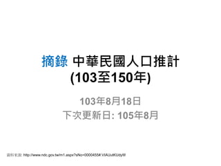 摘錄中華民國人口推計 
(103至150年) 
103年8月18日 
下次更新日: 105年8月 
資料來源: http://www.ndc.gov.tw/m1.aspx?sNo=0000455#.VIAUutKUdyW 
 