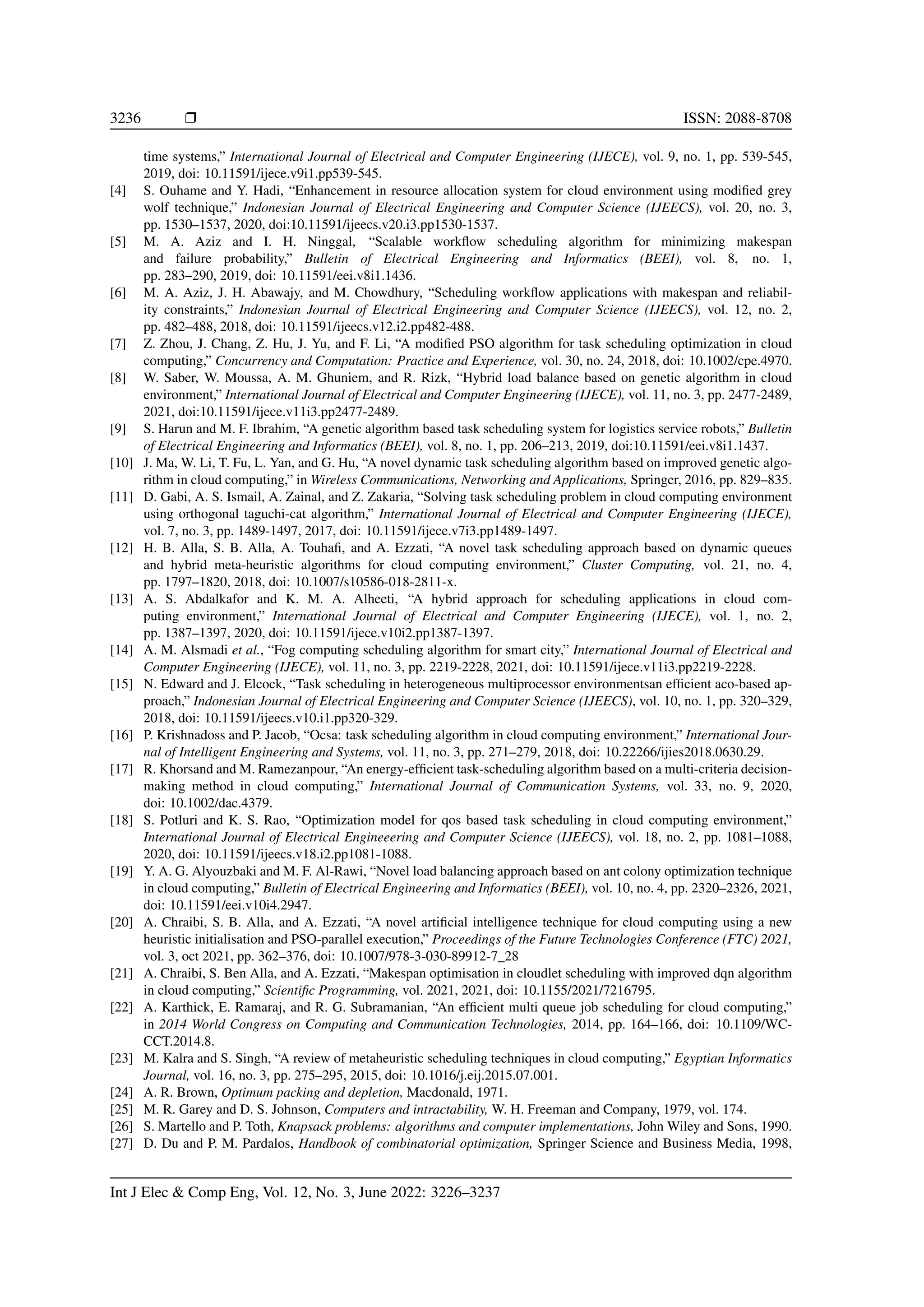 3236 ❒ ISSN: 2088-8708 time systems,” International Journal of Electrical and Computer Engineering (IJECE), vol. 9, no. 1, pp. 539-545, 2019, doi: 10.11591/ijece.v9i1.pp539-545. [4] S. Ouhame and Y. Hadi, “Enhancement in resource allocation system for cloud environment using modified grey wolf technique,” Indonesian Journal of Electrical Engineering and Computer Science (IJEECS), vol. 20, no. 3, pp. 1530–1537, 2020, doi:10.11591/ijeecs.v20.i3.pp1530-1537. [5] M. A. Aziz and I. H. Ninggal, “Scalable workflow scheduling algorithm for minimizing makespan and failure probability,” Bulletin of Electrical Engineering and Informatics (BEEI), vol. 8, no. 1, pp. 283–290, 2019, doi: 10.11591/eei.v8i1.1436. [6] M. A. Aziz, J. H. Abawajy, and M. Chowdhury, “Scheduling workflow applications with makespan and reliabil- ity constraints,” Indonesian Journal of Electrical Engineering and Computer Science (IJEECS), vol. 12, no. 2, pp. 482–488, 2018, doi: 10.11591/ijeecs.v12.i2.pp482-488. [7] Z. Zhou, J. Chang, Z. Hu, J. Yu, and F. Li, “A modified PSO algorithm for task scheduling optimization in cloud computing,” Concurrency and Computation: Practice and Experience, vol. 30, no. 24, 2018, doi: 10.1002/cpe.4970. [8] W. Saber, W. Moussa, A. M. Ghuniem, and R. Rizk, “Hybrid load balance based on genetic algorithm in cloud environment,” International Journal of Electrical and Computer Engineering (IJECE), vol. 11, no. 3, pp. 2477-2489, 2021, doi:10.11591/ijece.v11i3.pp2477-2489. [9] S. Harun and M. F. Ibrahim, “A genetic algorithm based task scheduling system for logistics service robots,” Bulletin of Electrical Engineering and Informatics (BEEI), vol. 8, no. 1, pp. 206–213, 2019, doi:10.11591/eei.v8i1.1437. [10] J. Ma, W. Li, T. Fu, L. Yan, and G. Hu, “A novel dynamic task scheduling algorithm based on improved genetic algo- rithm in cloud computing,” in Wireless Communications, Networking and Applications, Springer, 2016, pp. 829–835. [11] D. Gabi, A. S. Ismail, A. Zainal, and Z. Zakaria, “Solving task scheduling problem in cloud computing environment using orthogonal taguchi-cat algorithm,” International Journal of Electrical and Computer Engineering (IJECE), vol. 7, no. 3, pp. 1489-1497, 2017, doi: 10.11591/ijece.v7i3.pp1489-1497. [12] H. B. Alla, S. B. Alla, A. Touhafi, and A. Ezzati, “A novel task scheduling approach based on dynamic queues and hybrid meta-heuristic algorithms for cloud computing environment,” Cluster Computing, vol. 21, no. 4, pp. 1797–1820, 2018, doi: 10.1007/s10586-018-2811-x. [13] A. S. Abdalkafor and K. M. A. Alheeti, “A hybrid approach for scheduling applications in cloud com- puting environment,” International Journal of Electrical and Computer Engineering (IJECE), vol. 1, no. 2, pp. 1387–1397, 2020, doi: 10.11591/ijece.v10i2.pp1387-1397. [14] A. M. Alsmadi et al., “Fog computing scheduling algorithm for smart city,” International Journal of Electrical and Computer Engineering (IJECE), vol. 11, no. 3, pp. 2219-2228, 2021, doi: 10.11591/ijece.v11i3.pp2219-2228. [15] N. Edward and J. Elcock, “Task scheduling in heterogeneous multiprocessor environmentsan efficient aco-based ap- proach,” Indonesian Journal of Electrical Engineering and Computer Science (IJEECS), vol. 10, no. 1, pp. 320–329, 2018, doi: 10.11591/ijeecs.v10.i1.pp320-329. [16] P. Krishnadoss and P. Jacob, “Ocsa: task scheduling algorithm in cloud computing environment,” International Jour- nal of Intelligent Engineering and Systems, vol. 11, no. 3, pp. 271–279, 2018, doi: 10.22266/ijies2018.0630.29. [17] R. Khorsand and M. Ramezanpour, “An energy-efficient task-scheduling algorithm based on a multi-criteria decision- making method in cloud computing,” International Journal of Communication Systems, vol. 33, no. 9, 2020, doi: 10.1002/dac.4379. [18] S. Potluri and K. S. Rao, “Optimization model for qos based task scheduling in cloud computing environment,” International Journal of Electrical Engineeering and Computer Science (IJEECS), vol. 18, no. 2, pp. 1081–1088, 2020, doi: 10.11591/ijeecs.v18.i2.pp1081-1088. [19] Y. A. G. Alyouzbaki and M. F. Al-Rawi, “Novel load balancing approach based on ant colony optimization technique in cloud computing,” Bulletin of Electrical Engineering and Informatics (BEEI), vol. 10, no. 4, pp. 2320–2326, 2021, doi: 10.11591/eei.v10i4.2947. [20] A. Chraibi, S. B. Alla, and A. Ezzati, “A novel artificial intelligence technique for cloud computing using a new heuristic initialisation and PSO-parallel execution,” Proceedings of the Future Technologies Conference (FTC) 2021, vol. 3, oct 2021, pp. 362–376, doi: 10.1007/978-3-030-89912-7_28 [21] A. Chraibi, S. Ben Alla, and A. Ezzati, “Makespan optimisation in cloudlet scheduling with improved dqn algorithm in cloud computing,” Scientific Programming, vol. 2021, 2021, doi: 10.1155/2021/7216795. [22] A. Karthick, E. Ramaraj, and R. G. Subramanian, “An efficient multi queue job scheduling for cloud computing,” in 2014 World Congress on Computing and Communication Technologies, 2014, pp. 164–166, doi: 10.1109/WC- CCT.2014.8. [23] M. Kalra and S. Singh, “A review of metaheuristic scheduling techniques in cloud computing,” Egyptian Informatics Journal, vol. 16, no. 3, pp. 275–295, 2015, doi: 10.1016/j.eij.2015.07.001. [24] A. R. Brown, Optimum packing and depletion, Macdonald, 1971. [25] M. R. Garey and D. S. Johnson, Computers and intractability, W. H. Freeman and Company, 1979, vol. 174. [26] S. Martello and P. Toth, Knapsack problems: algorithms and computer implementations, John Wiley and Sons, 1990. [27] D. Du and P. M. Pardalos, Handbook of combinatorial optimization, Springer Science and Business Media, 1998, Int J Elec & Comp Eng, Vol. 12, No. 3, June 2022: 3226–3237 