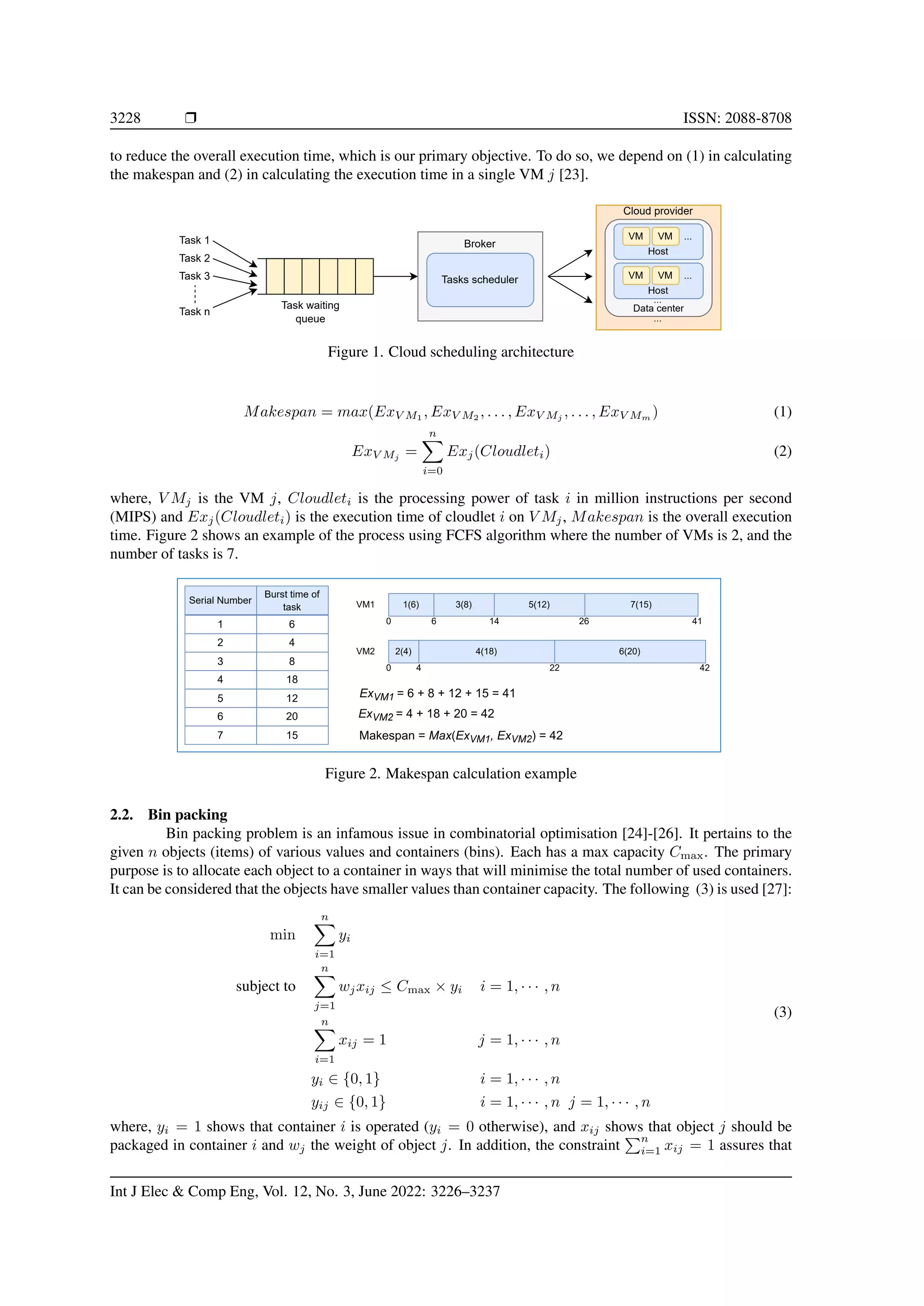 3228 ❒ ISSN: 2088-8708 to reduce the overall execution time, which is our primary objective. To do so, we depend on (1) in calculating the makespan and (2) in calculating the execution time in a single VM j [23]. Task 1 Task 2 Task 3 Task n Broker Tasks scheduler Task waiting queue Cloud provider VM VM ... Host VM VM ... Host ... ... Data center Figure 1. Cloud scheduling architecture Makespan = max(ExV M1 , ExV M2 , . . . , ExV Mj , . . . , ExV Mm ) (1) ExV Mj = n X i=0 Exj(Cloudleti) (2) where, V Mj is the VM j, Cloudleti is the processing power of task i in million instructions per second (MIPS) and Exj(Cloudleti) is the execution time of cloudlet i on V Mj, Makespan is the overall execution time. Figure 2 shows an example of the process using FCFS algorithm where the number of VMs is 2, and the number of tasks is 7. 1(6) 3(8) 5(12) 7(15) 2(4) 4(18) 6(20) VM1 VM2 0 6 14 26 41 0 4 22 42 ExVM1 = 6 + 8 + 12 + 15 = 41 ExVM2 = 4 + 18 + 20 = 42 Makespan = Max(ExVM1, ExVM2) = 42 Serial Number Burst time of task 1 6 2 4 3 8 4 18 5 12 6 20 7 15 Figure 2. Makespan calculation example 2.2. Bin packing Bin packing problem is an infamous issue in combinatorial optimisation [24]-[26]. It pertains to the given n objects (items) of various values and containers (bins). Each has a max capacity Cmax. The primary purpose is to allocate each object to a container in ways that will minimise the total number of used containers. It can be considered that the objects have smaller values than container capacity. The following (3) is used [27]: min n X i=1 yi subject to n X j=1 wjxij ≤ Cmax × yi i = 1, · · · , n n X i=1 xij = 1 j = 1, · · · , n yi ∈ {0, 1} i = 1, · · · , n yij ∈ {0, 1} i = 1, · · · , n j = 1, · · · , n (3) where, yi = 1 shows that container i is operated (yi = 0 otherwise), and xij shows that object j should be packaged in container i and wj the weight of object j. In addition, the constraint Pn i=1 xij = 1 assures that Int J Elec & Comp Eng, Vol. 12, No. 3, June 2022: 3226–3237 