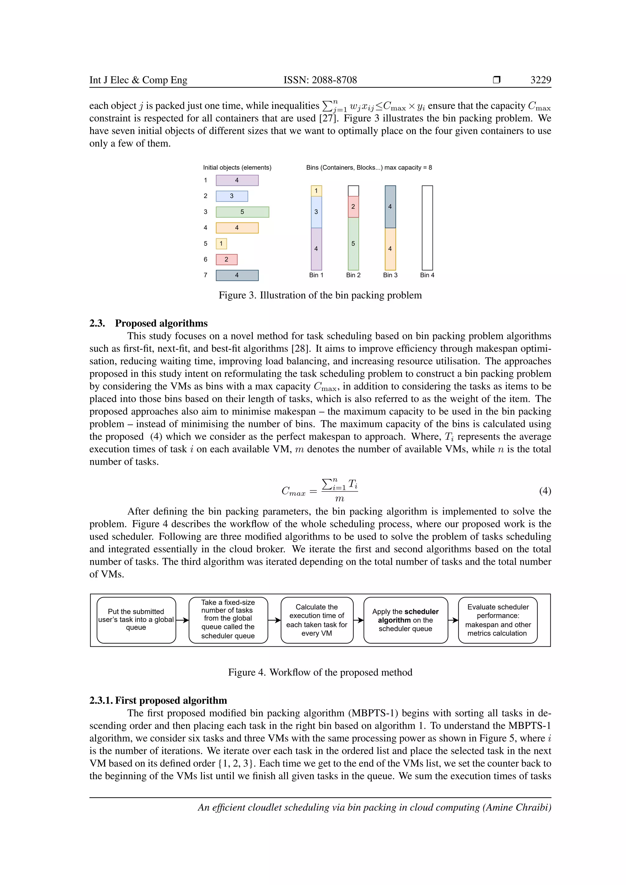 Int J Elec & Comp Eng ISSN: 2088-8708 ❒ 3229 each object j is packed just one time, while inequalities Pn j=1 wjxij≤Cmax ×yi ensure that the capacity Cmax constraint is respected for all containers that are used [27]. Figure 3 illustrates the bin packing problem. We have seven initial objects of different sizes that we want to optimally place on the four given containers to use only a few of them. 4 3 5 1 4 2 1 2 3 4 5 6 4 3 Bin 1 Bin 2 Bin 3 Bin 4 Bins (Containers, Blocks...) max capacity = 8 Initial objects (elements) 5 4 1 2 4 7 4 Figure 3. Illustration of the bin packing problem 2.3. Proposed algorithms This study focuses on a novel method for task scheduling based on bin packing problem algorithms such as first-fit, next-fit, and best-fit algorithms [28]. It aims to improve efficiency through makespan optimi- sation, reducing waiting time, improving load balancing, and increasing resource utilisation. The approaches proposed in this study intent on reformulating the task scheduling problem to construct a bin packing problem by considering the VMs as bins with a max capacity Cmax, in addition to considering the tasks as items to be placed into those bins based on their length of tasks, which is also referred to as the weight of the item. The proposed approaches also aim to minimise makespan – the maximum capacity to be used in the bin packing problem – instead of minimising the number of bins. The maximum capacity of the bins is calculated using the proposed (4) which we consider as the perfect makespan to approach. Where, Ti represents the average execution times of task i on each available VM, m denotes the number of available VMs, while n is the total number of tasks. Cmax = Pn i=1 Ti m (4) After defining the bin packing parameters, the bin packing algorithm is implemented to solve the problem. Figure 4 describes the workflow of the whole scheduling process, where our proposed work is the used scheduler. Following are three modified algorithms to be used to solve the problem of tasks scheduling and integrated essentially in the cloud broker. We iterate the first and second algorithms based on the total number of tasks. The third algorithm was iterated depending on the total number of tasks and the total number of VMs. Put the submitted user’s task into a global queue Calculate the execution time of each taken task for every VM Take a fixed-size number of tasks  from the global queue called the scheduler queue Apply the scheduler algorithm on the scheduler queue Evaluate scheduler performance: makespan and other metrics calculation  Figure 4. Workflow of the proposed method 2.3.1. First proposed algorithm The first proposed modified bin packing algorithm (MBPTS-1) begins with sorting all tasks in de- scending order and then placing each task in the right bin based on algorithm 1. To understand the MBPTS-1 algorithm, we consider six tasks and three VMs with the same processing power as shown in Figure 5, where i is the number of iterations. We iterate over each task in the ordered list and place the selected task in the next VM based on its defined order {1, 2, 3}. Each time we get to the end of the VMs list, we set the counter back to the beginning of the VMs list until we finish all given tasks in the queue. We sum the execution times of tasks An efficient cloudlet scheduling via bin packing in cloud computing (Amine Chraibi) 