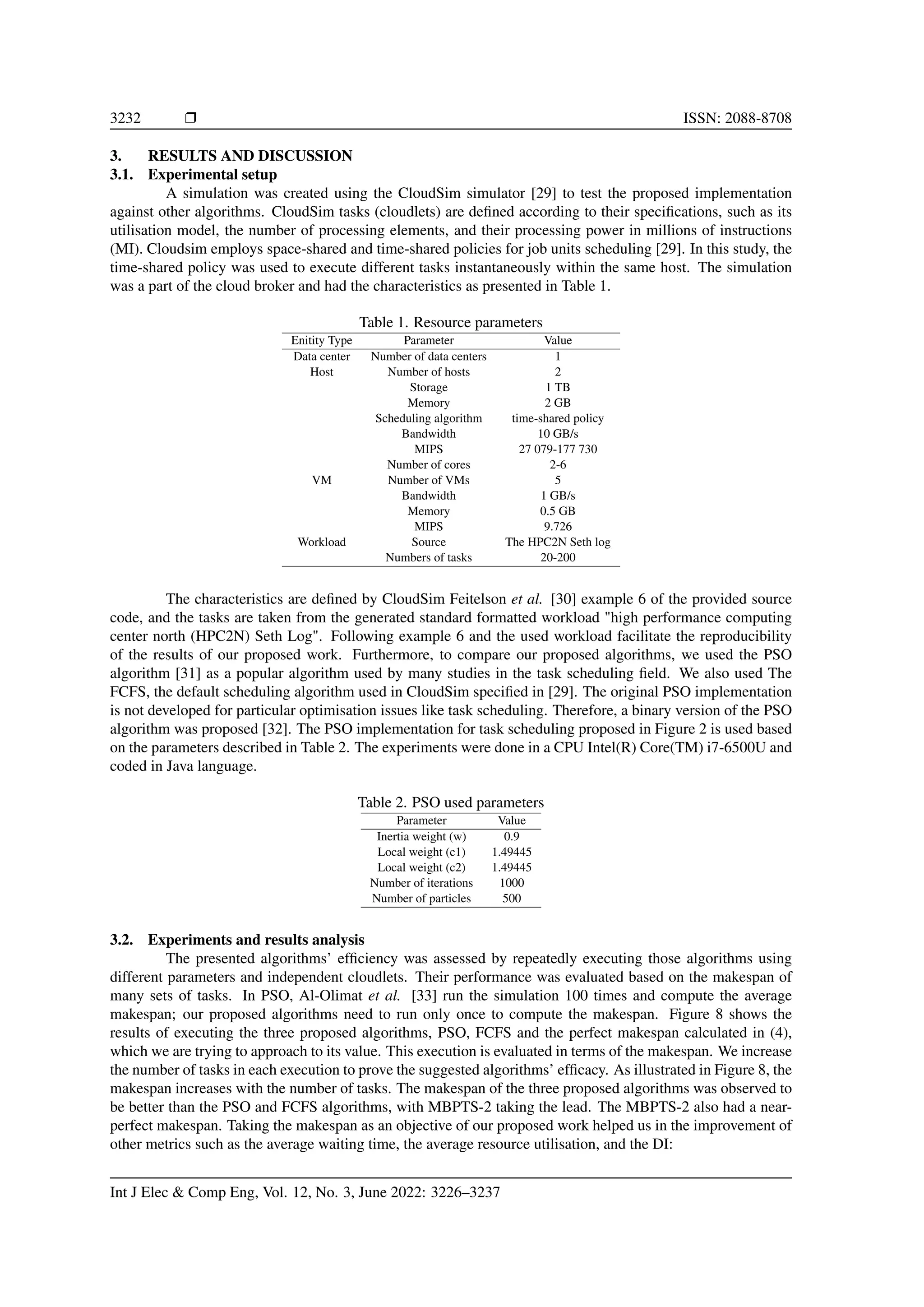3232 ❒ ISSN: 2088-8708 3. RESULTS AND DISCUSSION 3.1. Experimental setup A simulation was created using the CloudSim simulator [29] to test the proposed implementation against other algorithms. CloudSim tasks (cloudlets) are defined according to their specifications, such as its utilisation model, the number of processing elements, and their processing power in millions of instructions (MI). Cloudsim employs space-shared and time-shared policies for job units scheduling [29]. In this study, the time-shared policy was used to execute different tasks instantaneously within the same host. The simulation was a part of the cloud broker and had the characteristics as presented in Table 1. Table 1. Resource parameters Enitity Type Parameter Value Data center Number of data centers 1 Host Number of hosts 2 Storage 1 TB Memory 2 GB Scheduling algorithm time-shared policy Bandwidth 10 GB/s MIPS 27 079-177 730 Number of cores 2-6 VM Number of VMs 5 Bandwidth 1 GB/s Memory 0.5 GB MIPS 9.726 Workload Source The HPC2N Seth log Numbers of tasks 20-200 The characteristics are defined by CloudSim Feitelson et al. [30] example 6 of the provided source code, and the tasks are taken from the generated standard formatted workload "high performance computing center north (HPC2N) Seth Log". Following example 6 and the used workload facilitate the reproducibility of the results of our proposed work. Furthermore, to compare our proposed algorithms, we used the PSO algorithm [31] as a popular algorithm used by many studies in the task scheduling field. We also used The FCFS, the default scheduling algorithm used in CloudSim specified in [29]. The original PSO implementation is not developed for particular optimisation issues like task scheduling. Therefore, a binary version of the PSO algorithm was proposed [32]. The PSO implementation for task scheduling proposed in Figure 2 is used based on the parameters described in Table 2. The experiments were done in a CPU Intel(R) Core(TM) i7-6500U and coded in Java language. Table 2. PSO used parameters Parameter Value Inertia weight (w) 0.9 Local weight (c1) 1.49445 Local weight (c2) 1.49445 Number of iterations 1000 Number of particles 500 3.2. Experiments and results analysis The presented algorithms’ efficiency was assessed by repeatedly executing those algorithms using different parameters and independent cloudlets. Their performance was evaluated based on the makespan of many sets of tasks. In PSO, Al-Olimat et al. [33] run the simulation 100 times and compute the average makespan; our proposed algorithms need to run only once to compute the makespan. Figure 8 shows the results of executing the three proposed algorithms, PSO, FCFS and the perfect makespan calculated in (4), which we are trying to approach to its value. This execution is evaluated in terms of the makespan. We increase the number of tasks in each execution to prove the suggested algorithms’ efficacy. As illustrated in Figure 8, the makespan increases with the number of tasks. The makespan of the three proposed algorithms was observed to be better than the PSO and FCFS algorithms, with MBPTS-2 taking the lead. The MBPTS-2 also had a near- perfect makespan. Taking the makespan as an objective of our proposed work helped us in the improvement of other metrics such as the average waiting time, the average resource utilisation, and the DI: Int J Elec & Comp Eng, Vol. 12, No. 3, June 2022: 3226–3237 