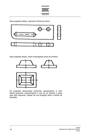 Espírito Santo
_________________________________________________________________________________________________
__
_________________________________________________________________________________________________
__
SENAI
12 Departamento Regional do Espírito
Santo
Nas projeções abaixo, aparecem linhas de centro.
Nas projeções abaixo, foram empregados eixos de simetria.
As projeções desenhadas anteriores apresentaram a vista
lateral esquerda, representando o que se vê olhando a peça
pelo lado esquerdo, apesar de sua projeção estar à direita da
elevação.
 