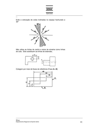 Espírito Santo
_________________________________________________________________________________________________
__
_________________________________________________________________________________________________
__
SENAI
Departamento Regional do Espírito Santo 51
Evite a colocação de cotas inclinadas no espaço hachurado a
30º
Não utilize as linhas de centro e eixos de simetria como linhas
de cota. Elas substituem as linhas de extensão.
Cotagem por meio de faces de referência (Fase A e B)
 