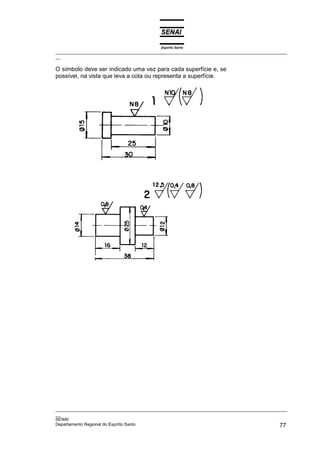Espírito Santo
_________________________________________________________________________________________________
__
_________________________________________________________________________________________________
__
SENAI
Departamento Regional do Espírito Santo 77
O símbolo deve ser indicado uma vez para cada superfície e, se
possível, na vista que leva a cota ou representa a superfície.
 