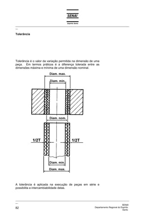 Espírito Santo
_________________________________________________________________________________________________
__
_________________________________________________________________________________________________
__
SENAI
82 Departamento Regional do Espírito
Santo
Tolerância
Tolerância é o valor da variação permitida na dimensão de uma
peça. Em termos práticos é a diferença tolerada entre as
dimensões máxima e mínima de uma dimensão nominal.
A tolerância é aplicada na execução de peças em série e
possibilita a intercambiabilidade delas.
 
