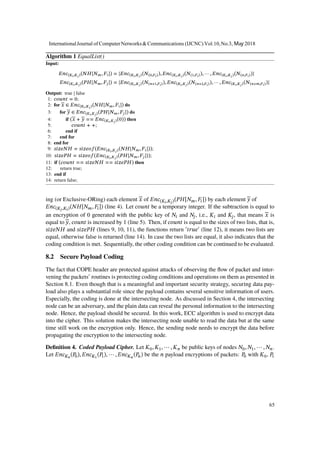 Algorithm 1 EqualList()
Input:
𝐸𝑛𝑐(𝐾𝑖,𝐾 𝑗)(𝑁𝐻[𝑁 𝑚, 𝐹𝑖]) = {𝐸𝑛𝑐(𝐾𝑖,𝐾 𝑗)(𝑁(0,𝐹𝑖)), 𝐸𝑛𝑐(𝐾𝑖,𝐾 𝑗)(𝑁(1,𝐹𝑖)), ⋯ , 𝐸𝑛𝑐(𝐾𝑖,𝐾 𝑗)(𝑁(𝑛,𝐹𝑖))}
𝐸𝑛𝑐(𝐾𝑖,𝐾 𝑗)(𝑃𝐻[𝑁 𝑚, 𝐹𝑗]) = {𝐸𝑛𝑐(𝐾𝑖,𝐾 𝑗)(𝑁(𝑛+1,𝐹𝑖)), 𝐸𝑛𝑐(𝐾𝑖,𝐾 𝑗)(𝑁(𝑛+2,𝐹𝑖)), ⋯ , 𝐸𝑛𝑐(𝐾𝑖,𝐾 𝑗)(𝑁(𝑛+𝑚,𝐹𝑖))}
Output: true | false
1: 𝑐𝑜ᵆ𝑛𝑡 = 0;
2: for 𝑥 ∈ 𝐸𝑛𝑐(𝐾𝑖,𝐾 𝑗)(𝑁𝐻[𝑁 𝑚, 𝐹𝑖]) do
3: for 𝑦 ∈ 𝐸𝑛𝑐(𝐾𝑖,𝐾 𝑗)(𝑃𝐻[𝑁 𝑚, 𝐹𝑗]) do
4: if (𝑥 + 𝑦 == 𝐸𝑛𝑐(𝐾𝑖,𝐾 𝑗)(0)) then
5: 𝑐𝑜ᵆ𝑛𝑡 + +;
6: end if
7: end for
8: end for
9: 𝑠𝑖𝑧𝑒𝑁𝐻 = 𝑠𝑖𝑧𝑒𝑜𝑓(𝐸𝑛𝑐(𝐾𝑖,𝐾 𝑗)(𝑁𝐻[𝑁 𝑚, 𝐹𝑖]));
10: 𝑠𝑖𝑧𝑒𝑃𝐻 = 𝑠𝑖𝑧𝑒𝑜𝑓(𝐸𝑛𝑐(𝐾𝑖,𝐾 𝑗)(𝑃𝐻[𝑁 𝑚, 𝐹𝑗]));
11: if (𝑐𝑜ᵆ𝑛𝑡 == 𝑠𝑖𝑧𝑒𝑁𝐻 == 𝑠𝑖𝑧𝑒𝑃𝐻) then
12: return true;
13: end if
14: return false;
ing (or Exclusive-ORing) each element 𝑥 of 𝐸𝑛𝑐(𝐾𝑖,𝐾𝑗)(𝑃𝐻[𝑁 𝑚, 𝐹𝑖]) by each element 𝑦 of
𝐸𝑛𝑐(𝐾𝑗,𝐾𝑖)(𝑁𝐻[𝑁 𝑚, 𝐹𝑖]) (line 4). Let 𝑐𝑜𝑢𝑛𝑡 be a temporary integer. If the subtraction is equal to
an encryption of 0 generated with the public key of 𝑁𝑖 and 𝑁𝑗, i.e., 𝐾𝑖 and 𝐾𝑗, that means 𝑥 is
equal to 𝑦, 𝑐𝑜𝑢𝑛𝑡 is increased by 1 (line 5). Then, if 𝑐𝑜𝑢𝑛𝑡 is equal to the sizes of two lists, that is,
𝑠𝑖𝑧𝑒𝑁𝐻 and 𝑠𝑖𝑧𝑒𝑃𝐻 (lines 9, 10, 11), the functions return ′
𝑡𝑟𝑢𝑒′
(line 12), it means two lists are
equal, otherwise false is returned (line 14). In case the two lists are equal, it also indicates that the
coding condition is met. Sequentially, the other coding condition can be continued to be evaluated.
8.2 Secure Payload Coding
The fact that COPE header are protected against attacks of observing the flow of packet and inter-
vening the packets’ routines is protecting coding conditions and operations on them as presented in
Section 8.1. Even though that is a meaningful and important security strategy, securing data pay-
load also plays a substantial role since the payload contains several sensitive information of users.
Especially, the coding is done at the intersecting node. As discussed in Section 4, the intersecting
node can be an adversary, and the plain data can reveal the personal information to the intersecting
node. Hence, the payload should be secured. In this work, ECC algorithm is used to encrypt data
into the cipher. This solution makes the intersecting node unable to read the data but at the same
time still work on the encryption only. Hence, the sending node needs to encrypt the data before
propagating the encryption to the intersecting node.
Definition 4. Coded Payload Cipher. Let 𝐾0, 𝐾1, ⋯ , 𝐾 𝑛 be public keys of nodes 𝑁0, 𝑁1, ⋯ , 𝑁 𝑛.
Let 𝐸𝑛𝑐 𝐾0
(𝑃0), 𝐸𝑛𝑐 𝐾1
(𝑃1), ⋯ , 𝐸𝑛𝑐 𝐾 𝑛
(𝑃𝑛) be the 𝑛 payload encryptions of packets: 𝑃0 with 𝐾0, 𝑃1
InternationalJournal of ComputerNetworks&Communications (IJCNC) Vol.10,No.3, May 2018
65
 