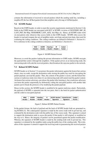 contains the information of received or missed packets which the sending node has, including a
neighbor IP, the last ACKed packet from that neighbor and a bit map of ACKed packet.
7.2 SCOPE Packet
Based on the COPE header, in order to meet the security requirements mentioned in Section 5, the
fields in the COPE header are encrypted with ECC in SCOPE, in terms of NEXTHOP, SRC_IP,
LAST_PKT, Bit Map, NEIGHBOR, LAST_ACK, Ack Map, etc. Hence, all SCOPE nodes work
on encryptions only whenever they access fields in the COPE header. SCOPE often access the
header to read and compute the sets of neighbor nodes, next hops and previous hops, then used for
evaluating the coding conditions. The coding conditions are defined in Definition 1, Section 8.1.
For a reference to the coding condition evaluation, see Definition 3, Section 8.1.
Figure 4: SCOPE Packet Format.
Moreover, to avoid the packets leaking the private information to COPE nodes, SCOPE encrypts
the payload then sends it through the neighbors. If the packet arrives at an intersecting node, the
intersecting node will code the received packets, then broadcast the outcome packet to the network.
7.3 Robust SCOPE Packet
SCOPE header as in Section 7.2 can protect the packet information against the honest-but-curious
attack, since no node, except the destination node owning the public key used for encrypting the
packet payload, can read the packet. Thus, the content of the packet is secret, and the honest-but-
curious or malicious node even when it is an intersecting node still cannot read the packet content.
An honest-but-curious adversary can release the packet after learning it, but a malicious adversary
can harm the packet sequentially by dishonestly coding the encrypted packets with another fake
packets just to break the protocol, or by modifying the packet payload.
Hence in this section, the SCOPE header is modified to be against malicious attack. Particularly,
the payload of SCOPE is separated into the two parts, that is, the hash for packet authentication
and the coded or encrypted payload.
Figure 5: Robust SCOPE Packet Format.
In the packet format, the hash of payload and the hash of SCOPE header both are generated us-
ing ECDSA [3]. The coded packet signature is made by the source node with its private key, and
evaluated by the destination node with the public key of the source node. This signature is aimed
to support the destination node to assess the packet if that packet is still original, or modified on
the way to it. Hence, the integrity of packets can be guaranteed against the packet modification.
Whereas, the signature of SCOPE header is made by the sending node with its private key. This
signature is evaluated by the neighbor nodes using the public key of the sending node. The evalu-
ation of this signature is aimed to support the receiving node in guaranteeing the received packets
InternationalJournal of ComputerNetworks&Communications (IJCNC) Vol.10,No.3, May 2018
61
 