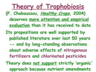 Theory of Trophobiosis <ul><li>(F. Chaboussou,  Healthy Crops , 2004) deserves  more attention and empirical evaluation  t...