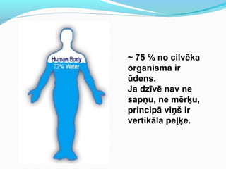 ~ 75 % no cilvēka 
organisma ir 
ūdens. 
Ja dzīvē nav ne 
sapņu, ne mērķu, 
principā viņš ir 
vertikāla peļķe. 
 