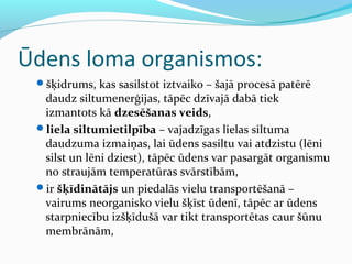 Ūdens loma organismos: 
šķidrums, kas sasilstot iztvaiko – šajā procesā patērē 
daudz siltumenerģijas, tāpēc dzīvajā dabā tiek 
izmantots kā dzesēšanas veids, 
liela siltumietilpība – vajadzīgas lielas siltuma 
daudzuma izmaiņas, lai ūdens sasiltu vai atdzistu (lēni 
silst un lēni dziest), tāpēc ūdens var pasargāt organismu 
no straujām temperatūras svārstībām, 
ir šķīdinātājs un piedalās vielu transportēšanā – 
vairums neorganisko vielu šķīst ūdenī, tāpēc ar ūdens 
starpniecību izšķīdušā var tikt transportētas caur šūnu 
membrānām, 
 