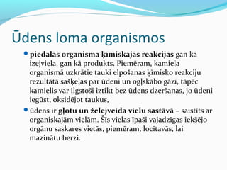 Ūdens loma organismos 
piedalās organisma ķīmiskajās reakcijās gan kā 
izejviela, gan kā produkts. Piemēram, kamieļa 
organismā uzkrātie tauki elpošanas ķīmisko reakciju 
rezultātā sašķeļas par ūdeni un ogļskābo gāzi, tāpēc 
kamielis var ilgstoši iztikt bez ūdens dzeršanas, jo ūdeni 
iegūst, oksidējot taukus, 
ūdens ir gļotu un želejveida vielu sastāvā – saistīts ar 
organiskajām vielām. Šīs vielas īpaši vajadzīgas iekšējo 
orgānu saskares vietās, piemēram, locītavās, lai 
mazinātu berzi. 
 