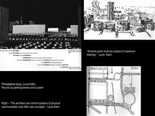 “At some point must be a place of maximum
                                                         intensity.” Louis Kahn




Philadelphia study, Louis Kahn,
Wound up parking towers and a poem




Right – “The architect can control systems of physical
communication and offer new concepts.” Louis Kahn
 