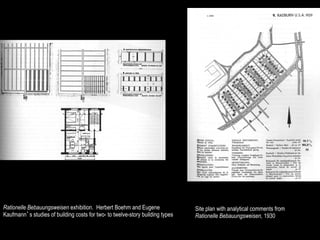 Rationelle Bebauungsweisen exhibition. Herbert Boehm and Eugene                Site plan with analytical comments from
Kaufmann’s studies of building costs for two- to twelve-story building types   Rationelle Bebauungsweisen, 1930
 