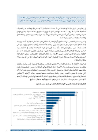 ‫اعتربت الغالبية العظمى من امل�ستطلعني �أن الإعالم االجتماعي مفيد للأعمال التجارية ك�أداة ترويجية (09 باملئة)،‬
‫للقيام مبهام مثل الإعالن والت�سويق، وكذلك ك�أداة انت�شار (68 باملئة) لتو�سيع و�صولها �إىل قاعدة عمالء �أكرب.‬

‫�إىل ما ي�سمى اليوم «الإعالم االجتماعي» �أو من�صات «التوا�صل االجتماعي»)، وخا�صة على العمليات‬
‫الداخلية يف امل�ؤ�س�سة. ويف هذا اال�ستطالع الذي �شمل امل�س�ؤولني احلكوميني، مت اال�ست�شهاد بتطوير مواقع‬
‫التوا�صل االجتماعية من �أجل �أماكن العمل باعتباره من الأدوات الرئي�سية لتعزيز التعاون والثقة داخل‬
‫وكاالت احلكومة (�سامل وجرار0102).‬
‫واعتربت الغالبية العظمى من امل�ستطلعني �أن الإعالم االجتماعي مفيد للأعمال التجارية ك�أداة ترويجية‬
‫(09 باملئة)، للقيام مبهام مثل الإعالن والت�سويق، وكذلك ك�أداة انت�شار (68 باملئة) لتو�سيع و�صولها �إىل‬
‫قاعدة عمالء �أكرب. وعالوة على ذلك، ر�أت ن�سبة كبرية من �أفراد العينة (58 باملئة) يف االنت�شار ميزة‬
‫ا�سا�سية يوفرها الإعالم االجتماعي للم�شاريع املبتدئة، تليها- يف ترتيب تنازيل- تطبيقات احلد من‬
‫التكلفة، وخدمات لتوفري الوقت، وتي�سري الإر�شاد من خالل ال�شبكات واالت�صاالت، وتعزيز املنتجات/‬
‫اخلدمات عالية اجلودة من خالل زيادة املناف�سة و�أعداد الداخلني �إىل ال�سوق، (ترتاوح الردود بني 17‬
‫باملئة و38 باملئة).‬
‫مت اعتبار االنت�شار ك�أحد فوائد الإعالم االجتماعي للم�شاريع من قبل كامل عينة امل�سح ب�أكمله، وكذلك‬
‫يف جتربة جمموعة �صغرية من رواد الأعمال داخل العينة (حوايل 8 باملئة من جمموع امل�ستجيبني) ب�ش�أن‬
‫م�شاريعهم اخلا�صة. ومت التحقق من �صحة ذلك من خالل العديد من اجتماعات جمموعات املداوالت‬
‫التي عقدت يف م�صر والكويت وعمان والإمارات و�أقرت جميعها بجدوى وفوائد الإعالم االجتماعي‬
‫للأعمال وامل�شاريع، وخا�صة يف القدرة الرتويجية. ويبني ال�شكل 2 اال�ستخدام الرئي�سي لو�سائل الإعالم‬
‫االجتماعي داخل م�ؤ�س�سات امل�شاركني الذين عرفوا �أنف�سهم ب�أنهم �أ�صحاب م�شاريع.‬
‫الشكل 2: إن االستخدام الرئيسي ألدوات اإلعالم االجتماعي ضمن مشروعك هو:‬

‫42‬

‫إلتاحة الوصول إلى أسواق أوسع‬
‫كأداة لدعم وتشجيع المشاريع (من خالل حمالت التسويق واإلعالنوالتمويل والتواصل‬
‫الخارجي والعالمة التجارية)‬
‫ال أستخدم اإلعالم االجتماعي في مشروعي‬

‫32‬
‫11‬
‫01‬

‫كأداة تعليمية‬

‫8‬

‫لدعم العمالء وضمان الجودة ومالحظات العمالء‬
‫لرفع مستوى الوعي وتغيير الحالة الفكرية ومشاركة قصص نجاح ريادة المشاريع‬

‫6‬
‫5‬

‫كقاعدة لتطوير منتجات جديدة‬
‫لتسهيل وإنشاء روابط بين المبتدئين عديمي الخبرة وخبراء الصناعة‬

‫3‬

‫لحشد جماعات من المساهمين (‪ )crowd-sourcing‬المتعاونين وأصحاب االعمال‬
‫الحرة‬
‫لحشد التمويل الجماعي (‪ )crowd-funding‬التواصل مع مستثمرين صغار وجمع‬
‫االموال عن طريق مواقع التواصل االجتماعي.‬

‫3‬
‫3‬
‫3‬
‫2‬
‫03‬

‫52‬

‫02‬

‫51‬

‫01‬

‫لبناء نماذج عمل جديدة (تستطيع تجاوز االحتكارات والشركات الراسخة)‬
‫أخرى‬

‫5‬

‫0‬

‫أثر اإلعالم االجتماعي على الريادة وفرص العمل - آفاق جديدة لتمكين الشباب العربي اقتصادياً ؟‬

‫12‬

 