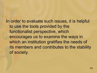 434
In order to evaluate such issues, it is helpful
to use the tools provided by the
functionalist perspective, which
encourages us to examine the ways in
which an institution gratifies the needs of
its members and contributes to the stability
of society.
 