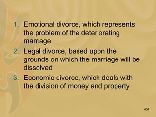 454
1. Emotional divorce, which represents
the problem of the deteriorating
marriage
2. Legal divorce, based upon the
grounds on which the marriage will be
dissolved
3. Economic divorce, which deals with
the division of money and property
 