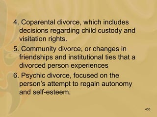 455
4. Coparental divorce, which includes
decisions regarding child custody and
visitation rights.
5. Community divorce, or changes in
friendships and institutional ties that a
divorced person experiences
6. Psychic divorce, focused on the
person’s attempt to regain autonomy
and self-esteem.
 